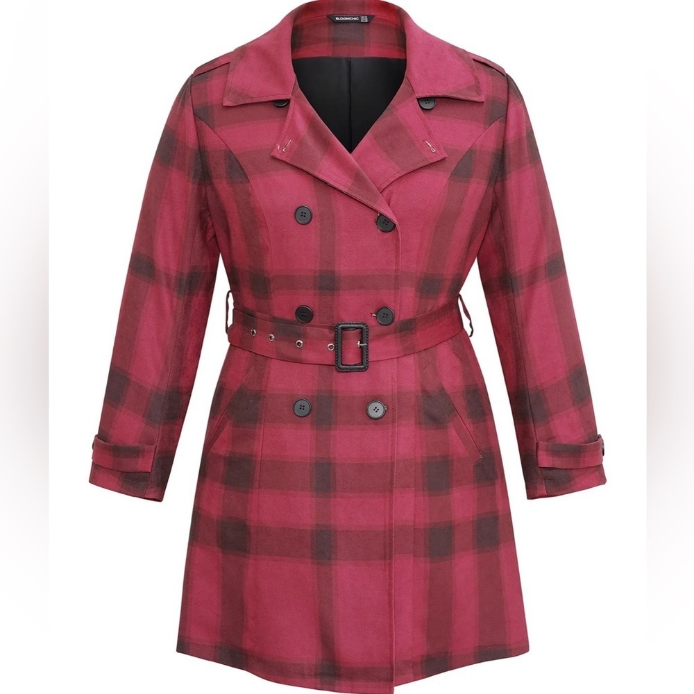 BloomChic Plus Size 6XL Lapel Collar Plaid Belted Double Breasted Coat us60